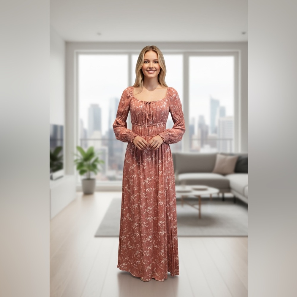 #343 Floral Long Sleeve Maxi Dress in Red